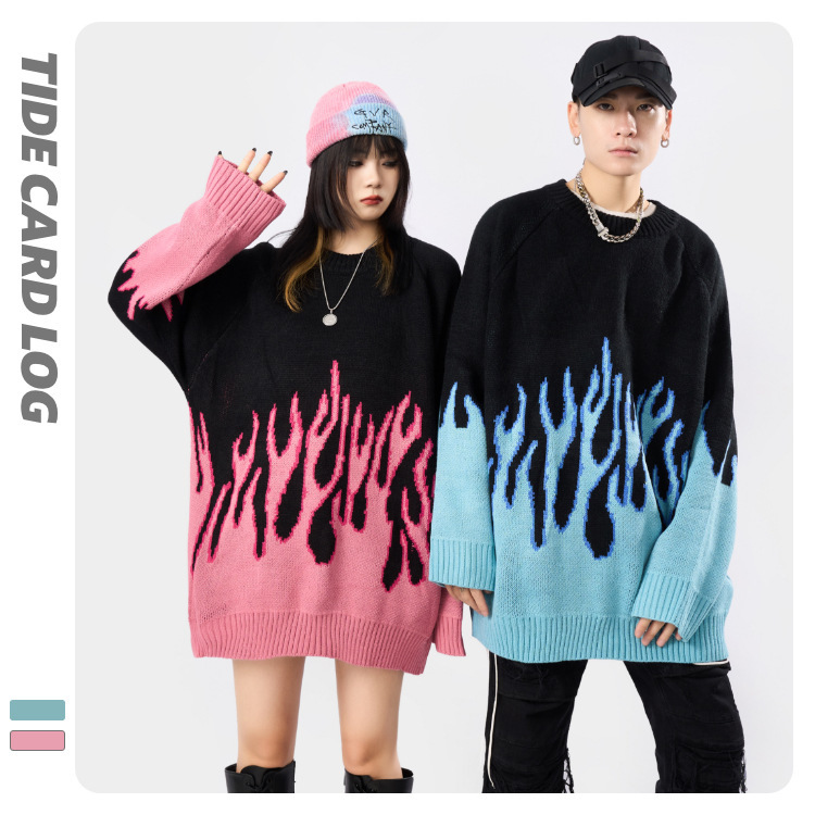 European and American high street oversize couple round neck pullover autumn and winter lazy style flame knitted sweater men and women loose fashion