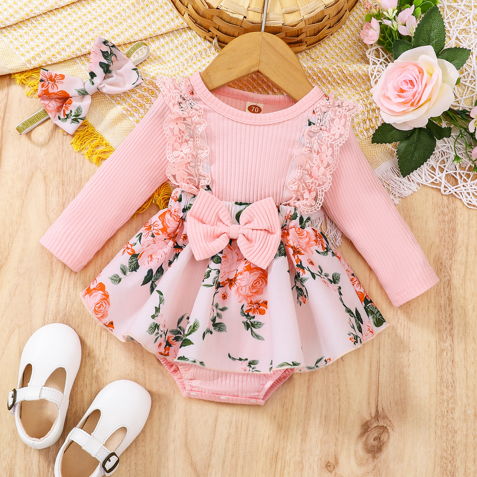 Babytøj Babypiger blonder bomuldsgrave syninger blomster fuld print onesie_voghion.com