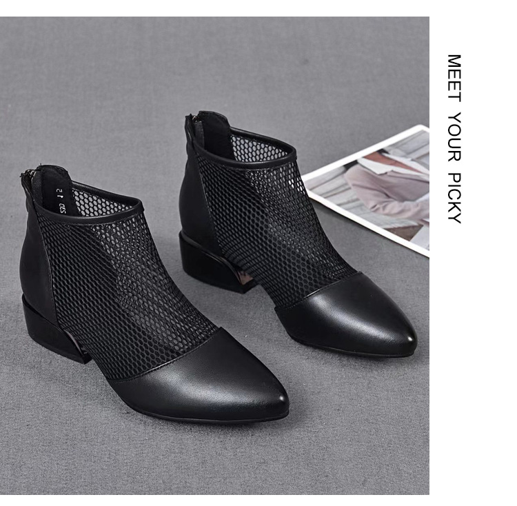Sandal lưới da thật nữ mũi nhọn gót thấp phong cách La Mã — Da Bò Lớp đầu trên chi tiết 14