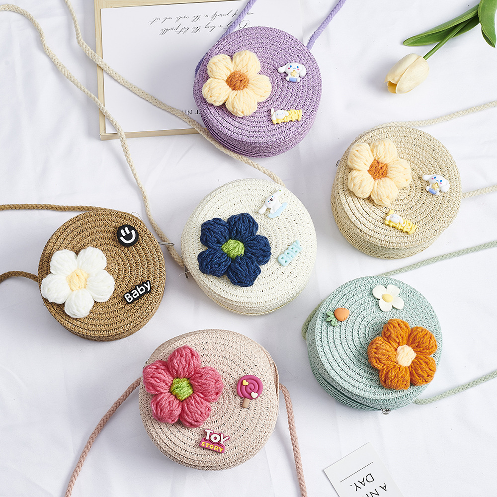 Nuevos productos de primavera y verano, bolsos de paja para niños, bandolera para bebés, bolsos redondos pequeños, lindas niñas de paja, mini bandolera