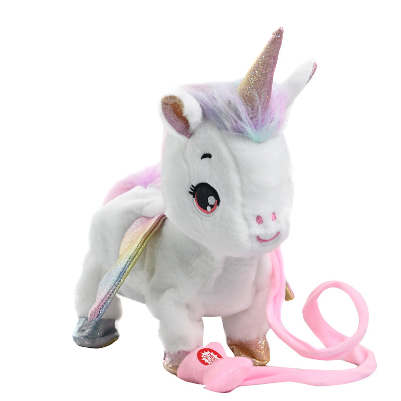 Juguetes eléctricos de peluche unicornio cantando cabeza y cola de simulación de cuerda de tracción unicornio mascota muñeca juguetes para niños
