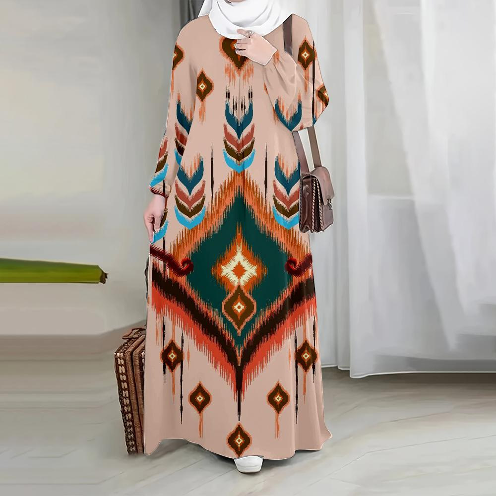Bohemian Floral Maxi Dress – Loose Fit Long Sleeve With Ethnic Print (S-5XL, Polyester Blend, Round Neck)_ecoleips.com