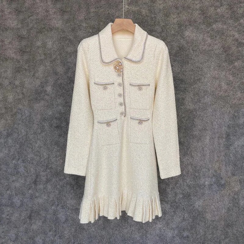 Women's Clothing Wholesale, One-Piece Drop-Shipping, Special Price Sp Lapel Brooch Long-Sleeve Knit Dress 288, Elegant Style