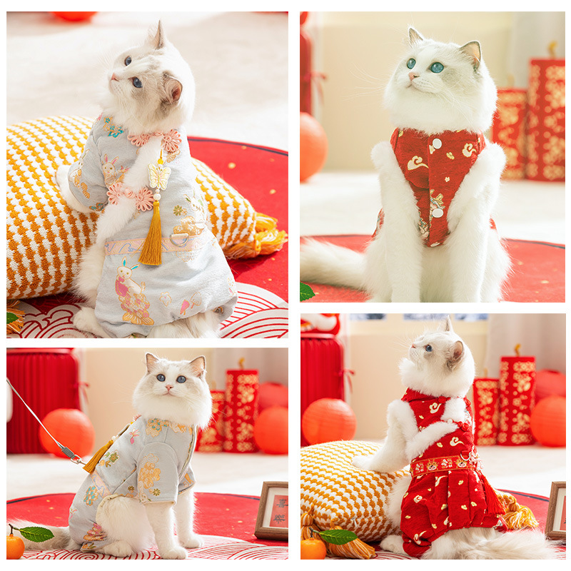 가을과 겨울의 털이없는 고양이 따뜻한 중국 나비 술 네 다리 탕 세트 개면 패딩 옷 애완 동물 새해 옷
