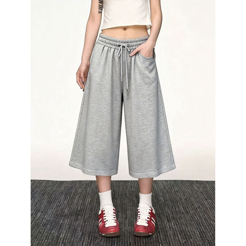 Summer Unisex Cropped Pants with Wide Legs, Neutral Style Design, Loose High-Waisted Shorts, Stylish Couple Version, Mid-Length Pants, Ins Style