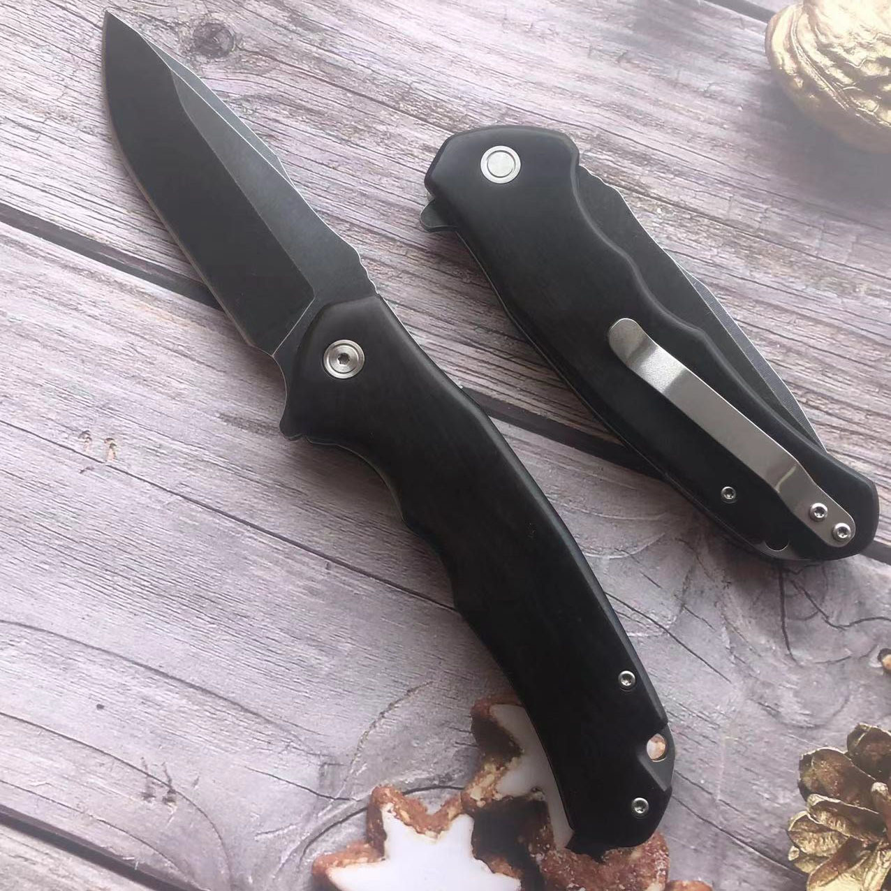 出口欧美跨境批发小刀黑檀木手柄高档折叠刀野营口袋刀