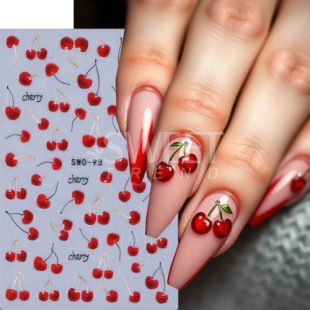 Cross-Border New Embossed Nail Art Stickers Summer Dopamine Fruit Cherry Bee Flower Adhesive Nail Decals