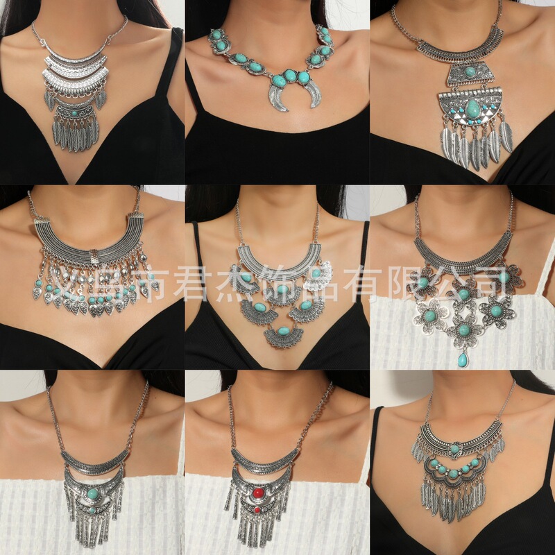 Europe and the United States cross-border retro turquoise Xizang Lhasa Nepal minority alloy necklace necklace jewelry wholesale Europe and the United States cross-border retro turquoise Xizang Lhasa Nepal minority alloy necklace necklace jewelry wholesale