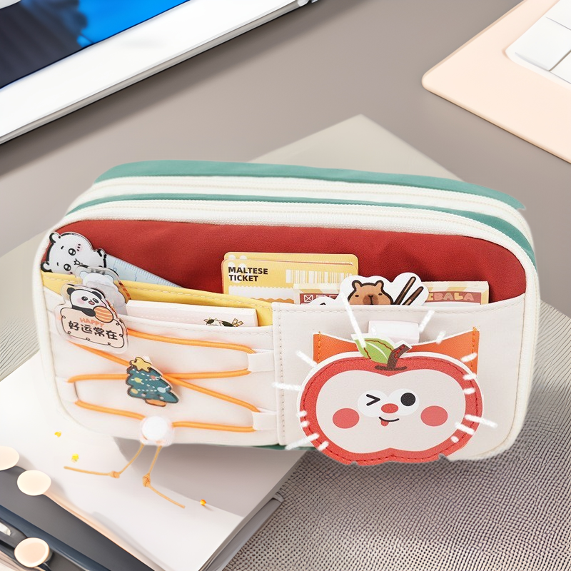 Apple, cute capacious pencil case, high quality multilayer stationery for students, drawstring, new collection