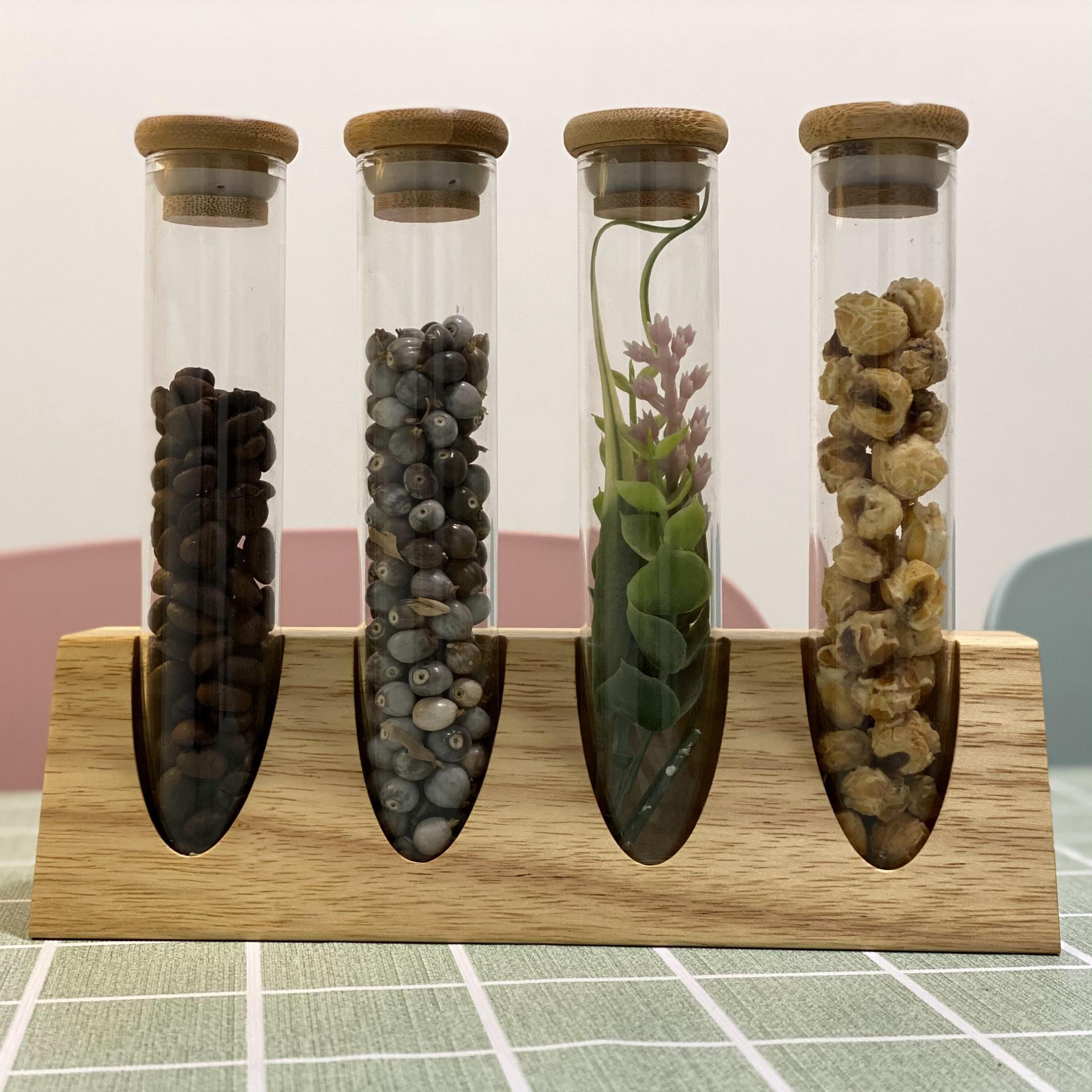 Tubo de ensayo de vidrio de borosilicato estante de exhibición de madera maciza muestra té granos de café cocina clasificación de almacenamiento tanque de almacenamiento