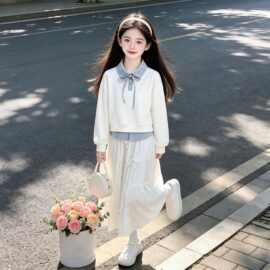 中大童韩系假两件上衣套装春秋季长袖卫衣蝴蝶结半身裙两件套女童