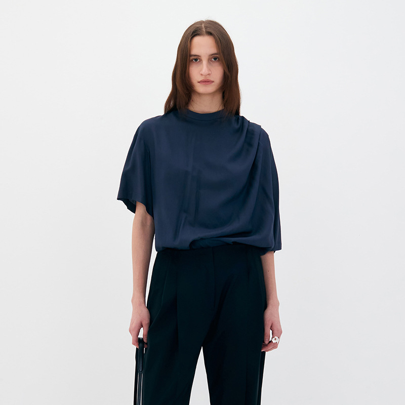 Low Classi* Asymmetrical Soft Waxy T-Shirt Loose Folded Shoulders Simple Niche Pure Color Short-Sleeved Top for Women 24 Summer