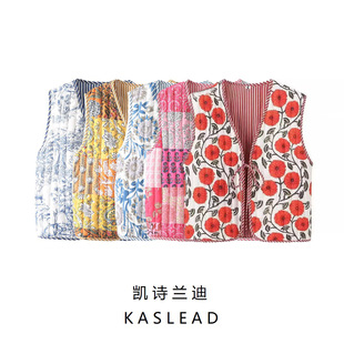 2024 New Winter Women's Clothing European and American Style Retro Printed Tethered Quilted Cotton Vest