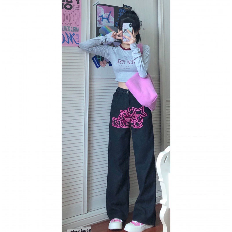 Реже цена!!! Американские высокие улицы нишевые буквенные принты с высокой талией рыхлые тонкие широкие джинсовые брюки женские