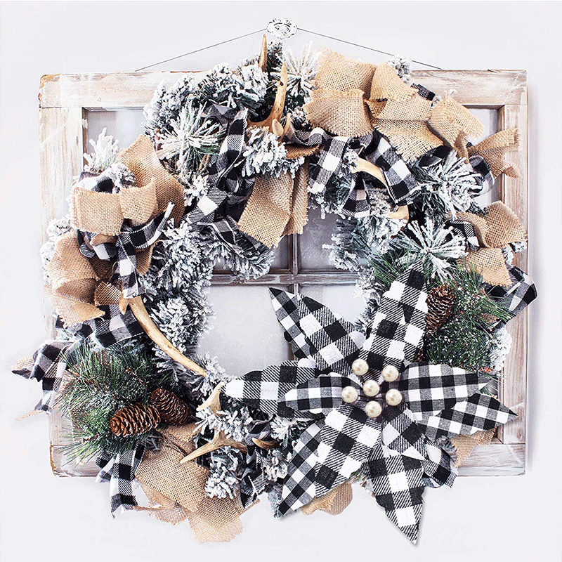 歐美圣誕節(jié)裝飾花禮品黑白格子布假花可開合紅黑格子手工布藝花