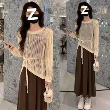 时尚春装新款时髦连衣裙套装女洋气质收腰镂空针织衫吊带裙两件套