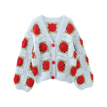 重工手工复古钩花立体花朵镂空拼色针织开衫外套上衣短玫瑰花