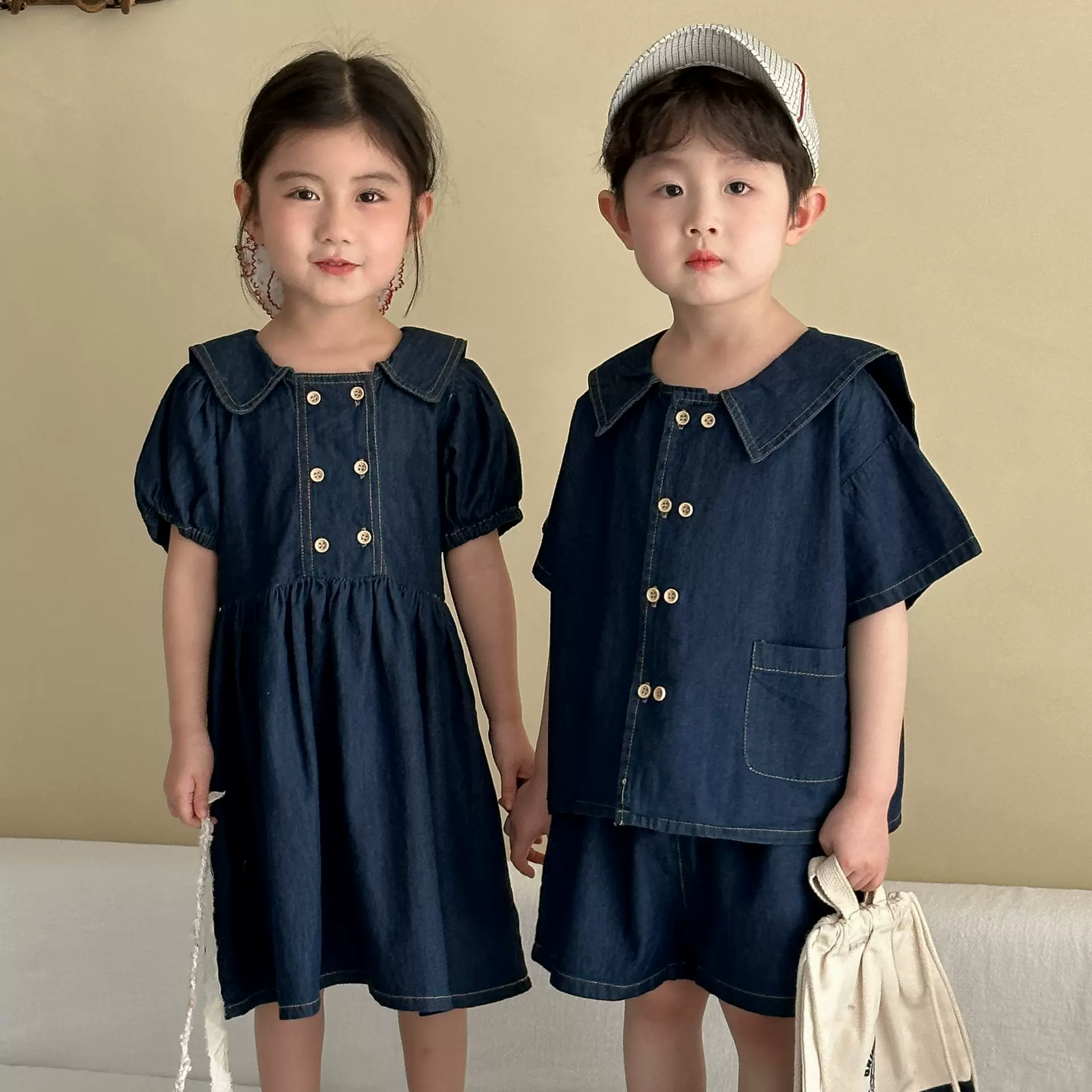 兄妹装儿童夏季牛仔套装男童2025新款夏装宝宝薄款短袖女童连衣裙