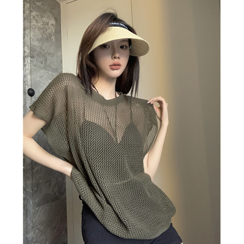 Camiseta de manga corta de estilo coreano para mujer verano delgada chica caliente diseño de blusa de protección solar hueca suelta adelgazante Top corto