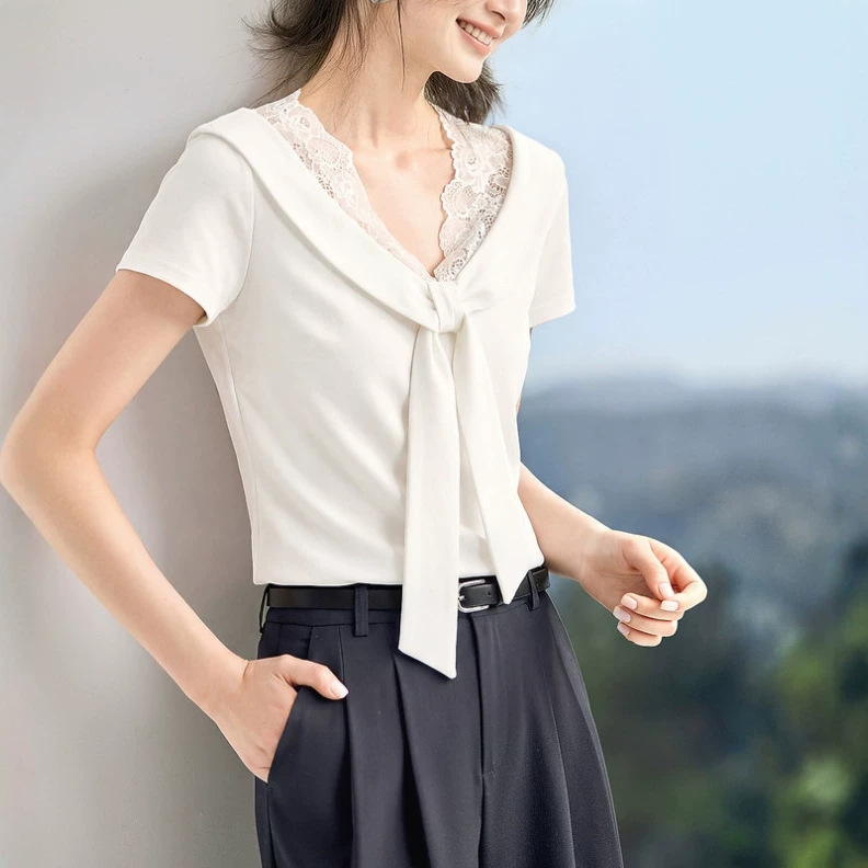 Soft Nautical Style Top 2026 Summer New Style Spliced Lace Navy Collar Tie-Up Regular Shoulder Fitted T-Shirt for Women Soft Nautical Style Top 2026 Summer New Style Spliced Lace Navy Collar Tie-Up Regular Shoulder Fitted T-Shirt for Women