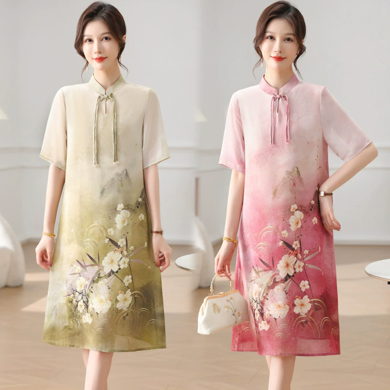 Летнее платье 2025 года для мам среднего возраста, новый стиль платья в китайском стиле, летнее платье Cheongsam для женщин среднего и пожилого возраста, новый стиль