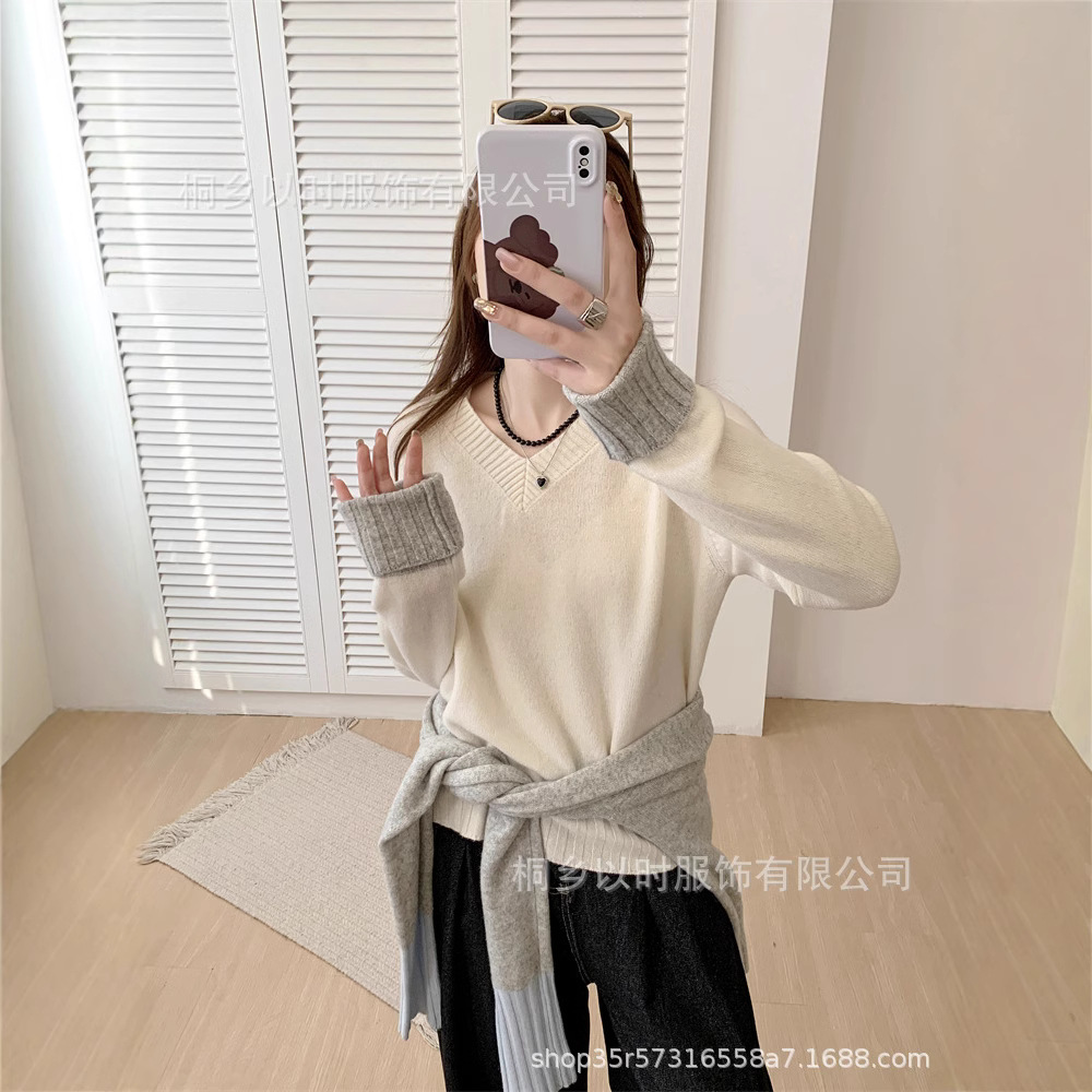 ESHI 겨울 새로운 품질 니트 PUYUAN 양모 스웨터 여성의 V 넥 컬러 소매 대비 컬러 모든 울 스웨터