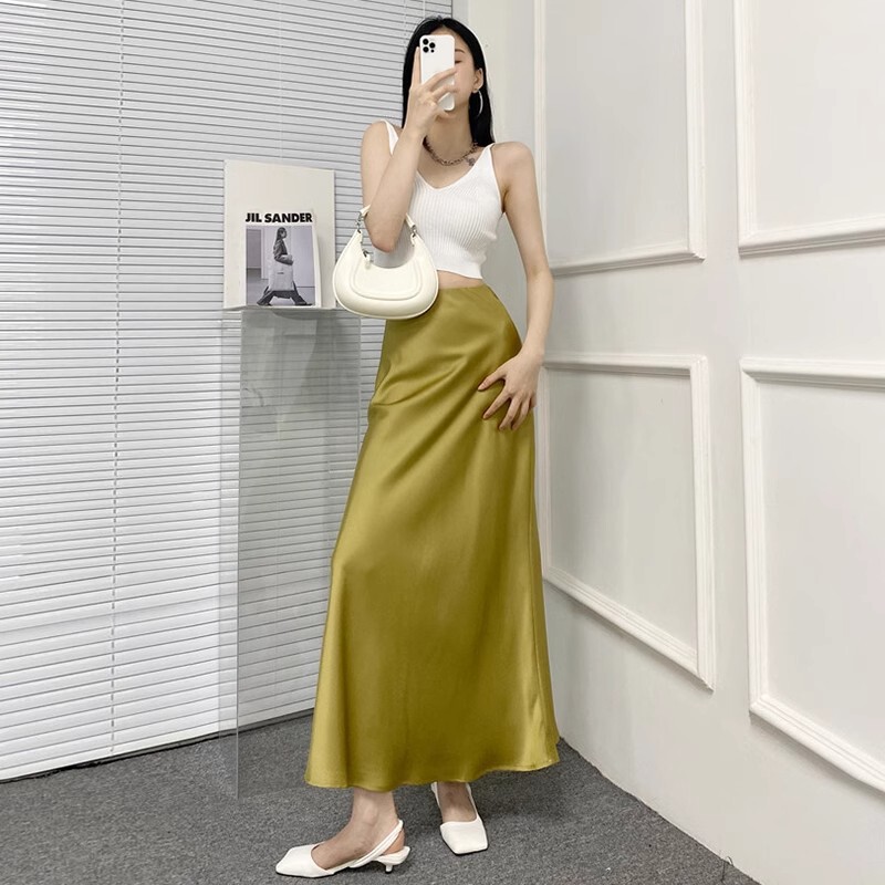 High-Waisted Slimming Mid-Length Skirt for Women, Acetate Satin Hip-Hugging Fishtail Long Skirt, 2026 Spring/Summer Drapey Skirt