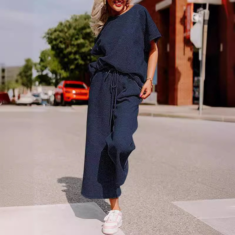 2025 European and American Solid Color Texture Casual suit Women's Cross-border Fashion Women's Sports Loose Short-sleeved Trousers suit Women