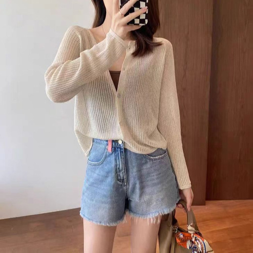 Summer Sheer Minimalist Ice Silk Outerwear, Openwork Knit Cardigan, Air Conditioning Shirt, Overlay Top, Sun Protection Women's Thin Outerwear