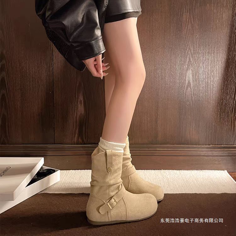 2026 New Autumn Retro Suede Western Cowboy Boots Martin Boots Women's Shoes Single Boots Two-Way Wear Short Boots Beige Single Lining