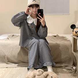 睡衣女春秋季牛奶丝新款睡衣女黑色格子米奇长袖长裤家居服两件套