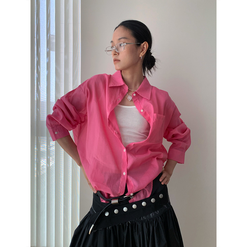 Loopin Autum High-Quality Korean Cotton and Linen Light and Thin Skin-Flattering Slimming Look and Relaxed Mid-Length Long-Sleeved Shirt for Women