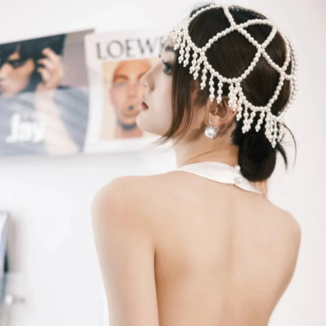 European and American New Style Woven Faux Pearl Tassel Hat Chain, Bridal Elegant and High-End Versatile Hair Accessory, Travel Photography Styling Accessory