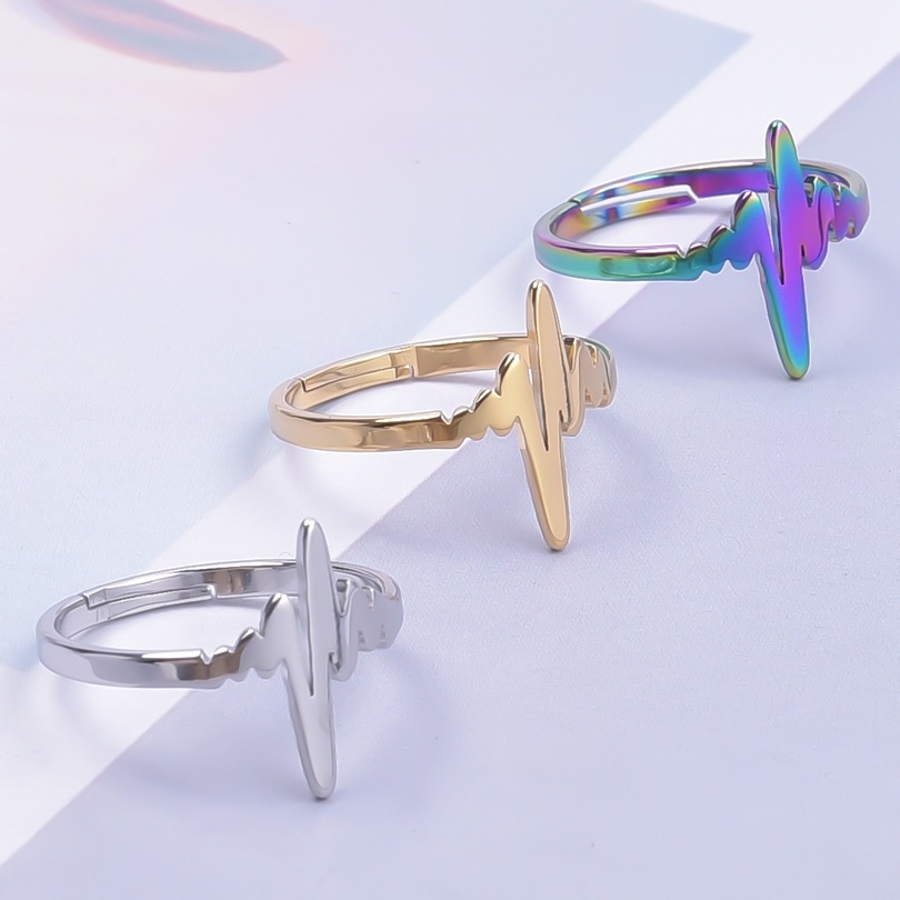 5g Weight PVD Coated Gold Plating Process Real Gold Plated Plating Material PVD Coated Real Gold Plated 18K Gold Electrocardiogram 304 Stainless Steel Simple Style Waterproof Non Tarnish Open Ring