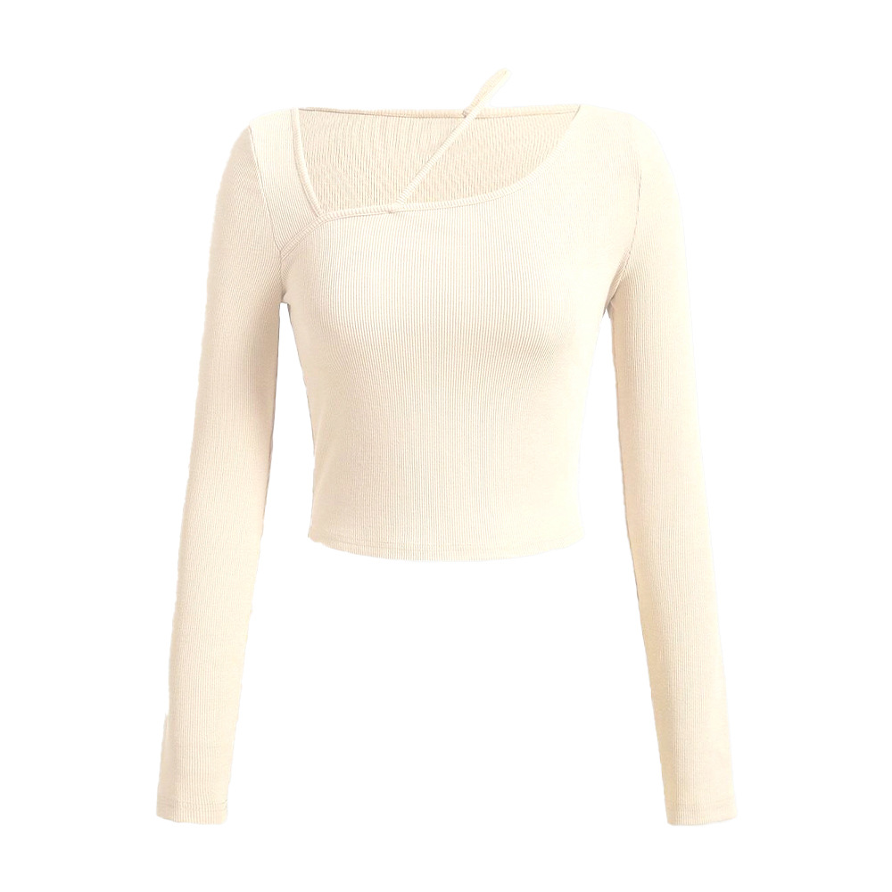 Voya Women's Clothing 2026 Spring/Summer New European And American Women's Slim-Fit Knit Long-Sleeve T-Shirt With Slanted Collar_ecoleips.com
