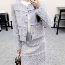千金风秋冬新款毛呢休闲套装裙才是格纹粗花呢短外套半裙两件套女