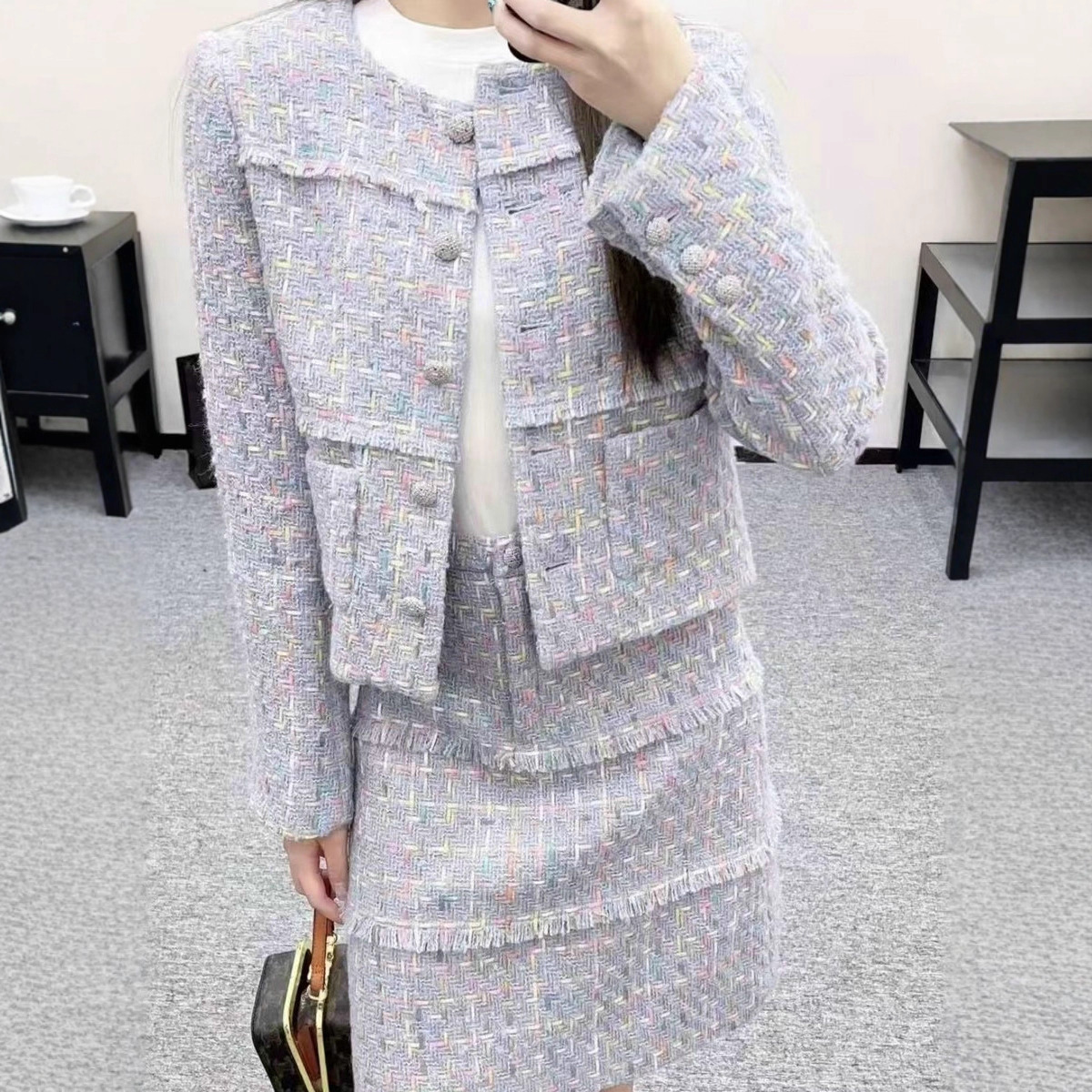 千金风秋冬新款毛呢休闲套装裙才是格纹粗花呢短外套半裙两件套女