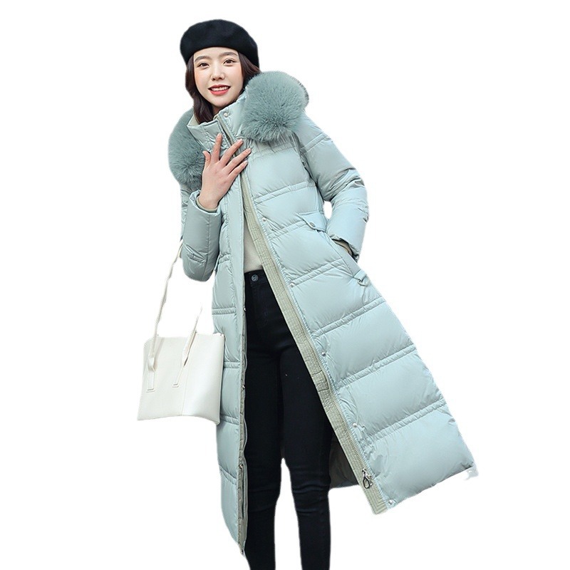 Abrigo de algodón largo para mujer con cuello de piel grande y capucha, corte ajustado, ropa a prueba de frío, elegante abrigo de algodón hasta la rodilla de talla grande_voghion.com