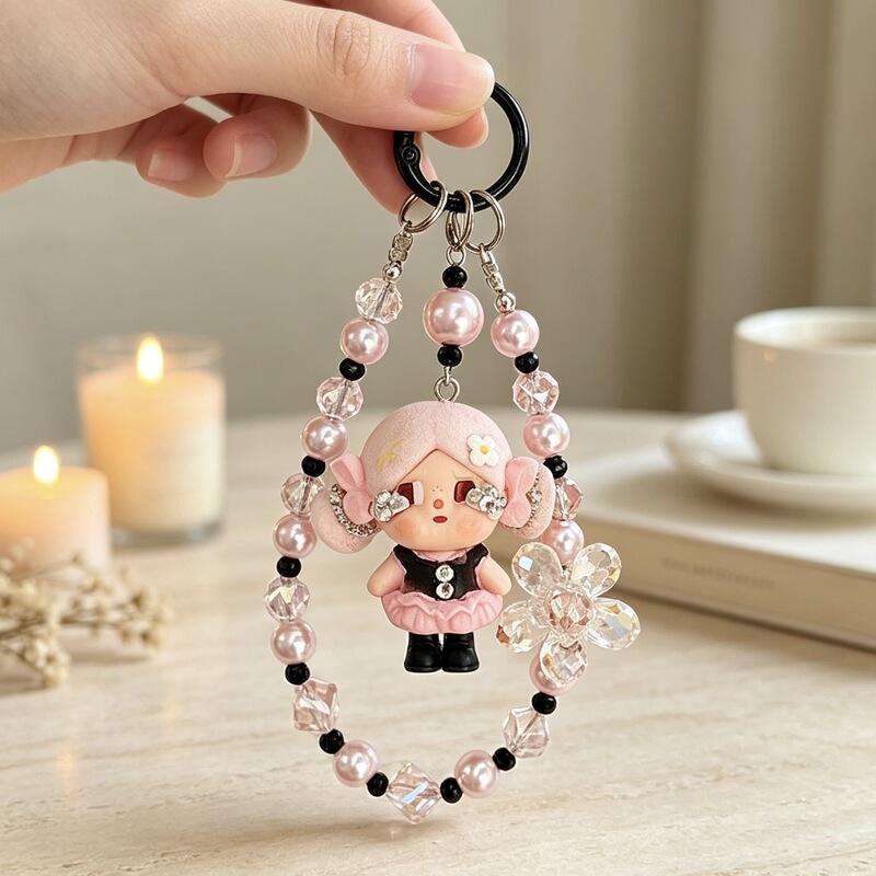 Cute doll phone chain with pink crystal woven flowers, phone lanyard with eye pins, can be used as a keychain or bag pendant