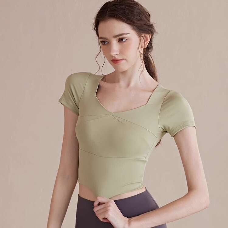 High-end Yoga Suit Short-sleeved T-shirt Women's Tight Short Quick-drying T-shirt Sports Top Running Fitness Clothes with Chest Pad