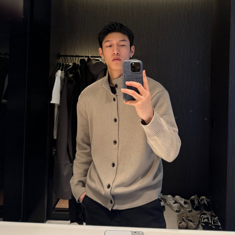 American-Style Tough Guy Cardigan, Thick Knit, Heavy Weight, Solid Color, German-Style Button Knit Sweater, High-End Long-Sleeve Top for Men