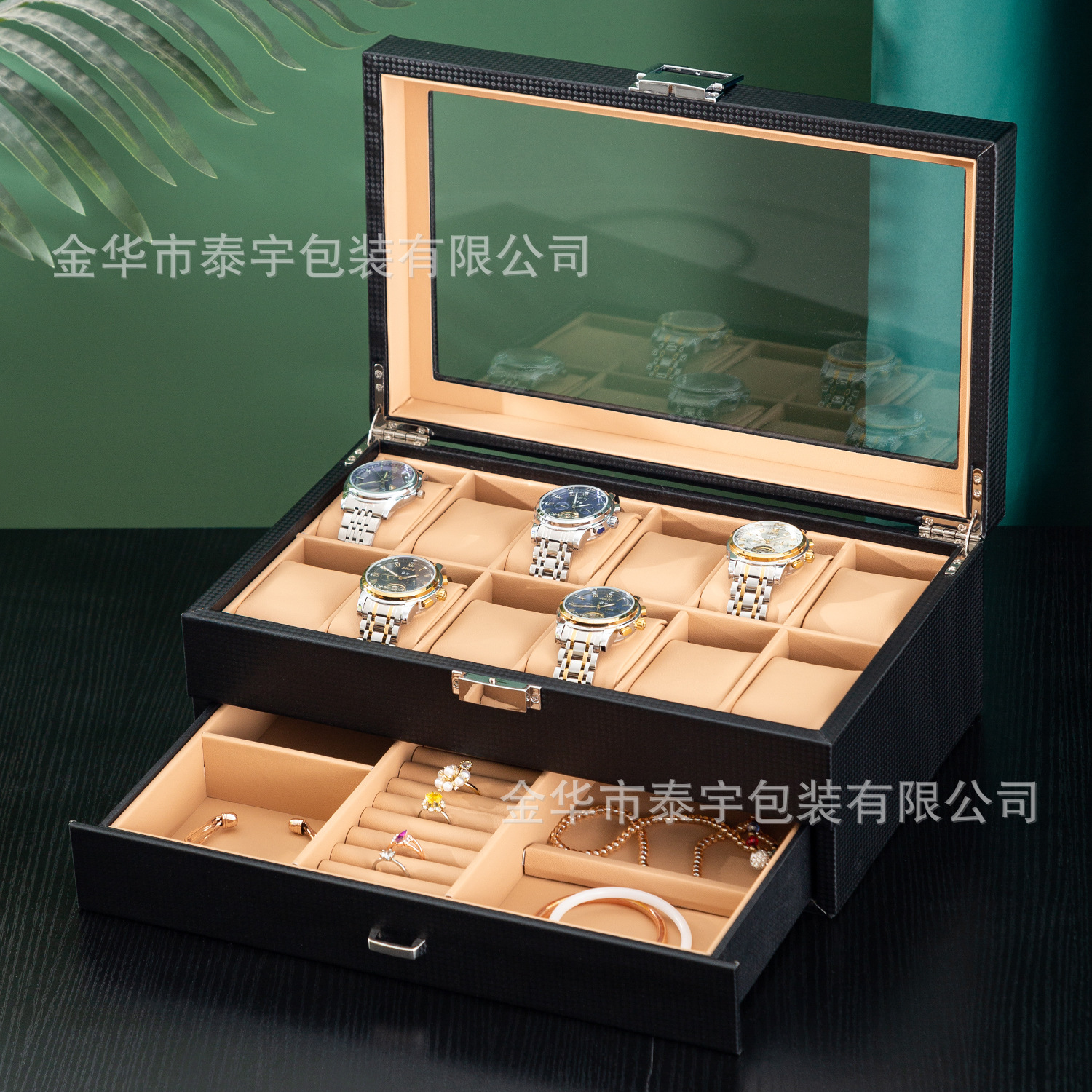 Caja de almacenamiento de reloj de gama alta de fibra de carbono de cuero de PU Caja de almacenamiento de reloj de madera Venta directa de fábrica Spot Spot Hand