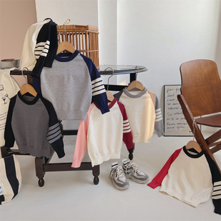 2025 Autumn/Winter Children's Sweater Knit Pullover Patchwork Long Sleeve Top Boys' Preppy Casual Wear for Young and Middle-Aged Children