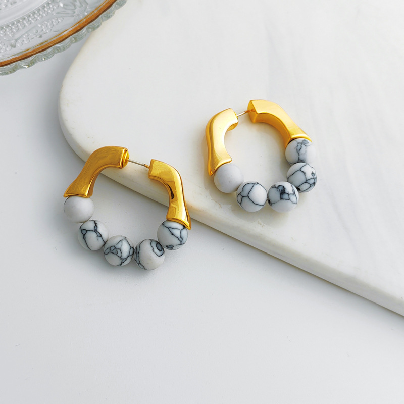 Retro Ball Copper Inlay Natural Stone Earrings 1 Pair