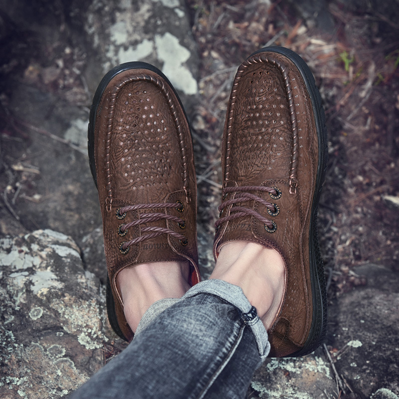Zapatos de cuero para hombres 2025, nuevos zapatos de cuero transpirables de verano huecos de cuero para hombres, zapatos casuales de cuero de vaca de correa baja image 2