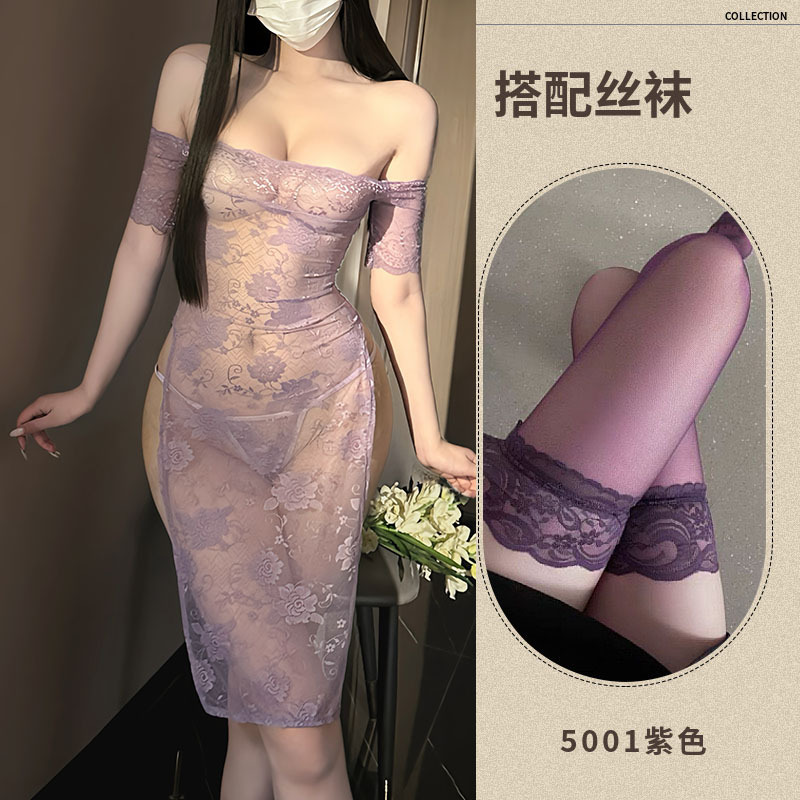 보라색 레이스 스커트 + 끈 팬티 + 보라색 레이스 스타킹