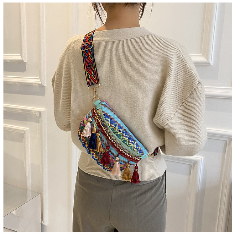 Venda quente pequeno peito perfumado tecido estilo étnico cor contrastante borla nova fita cintura bolsa crossbody tendência_voghion.com