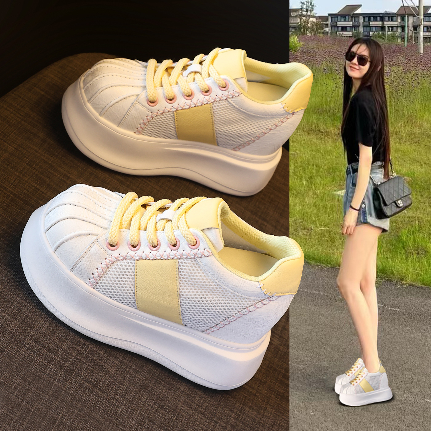 Giày sneaker nữ đế dày tăng chiều cao lưới thoáng khí phối màu trắng hồng — Trắng hồng