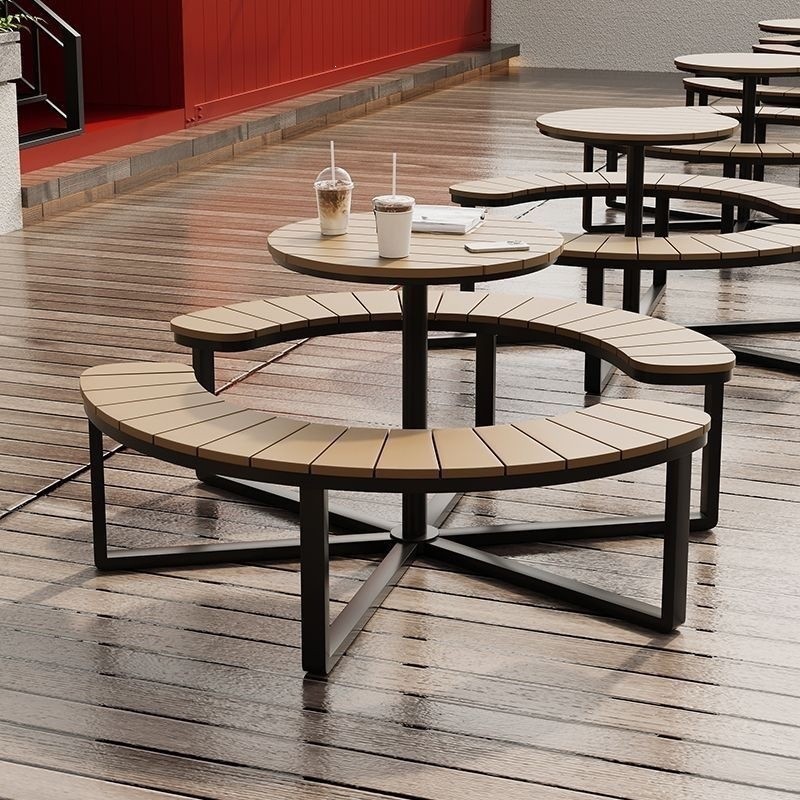 Outdoor anti-corrosion plastic wood table and chair set, leisure table for garden and park, integrated round table for courtyard and scenic areas, commercial round table