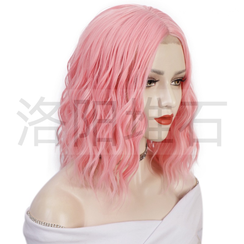 Wig European And American Ladies Wig Small Lace Front Lace Synthetic Wigs Pink Water Ripple Short Curly Wig display picture 4